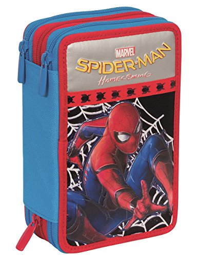 Astuccio 3 Zip Marvel Spiderman Homecoming Attrezzato Con Penne Matite Pennarelli Nero Blu Rosso 0