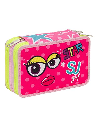 Astuccio Scuola Seven Sj Faccine 3 Scomparti Pennarelli Matite Gomma Ecc Rosa Giallo 0