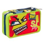 Astuccio Scuola Seven Sj Faccine 3 Scomparti Pennarelli Matite Gomma Ecc Rosso Giallo 0