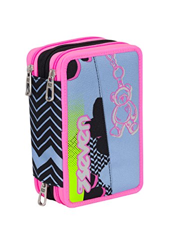 Astuccio Scuola Seven Sunflower 3 Scomparti Pennarelli Matite Gomma Ecc Rosa Azzurro Nero 0