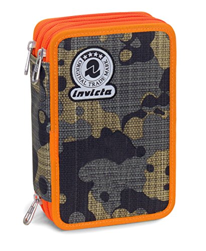 Astuccio 3 Zip Invicta Camou Mimetico Verde Arancione Con Contenuto Matite Pennarelli 0
