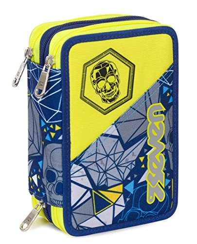 Astuccio 3 Zip Seven Lucky Blu Giallo Con Contenuto Matite Pennarelli 0