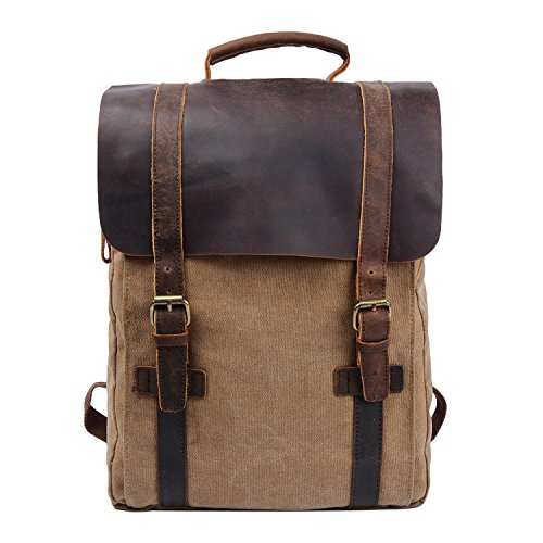 Y Double Vintage Tela Zaino Esterni Viaggi Zaino Scuola Borsa A Tracolla Zaino In Pelle Tela Vera Pelle Fit Ipad E 15 Laptop Backpack Per Uomo E Donna Cachi 0