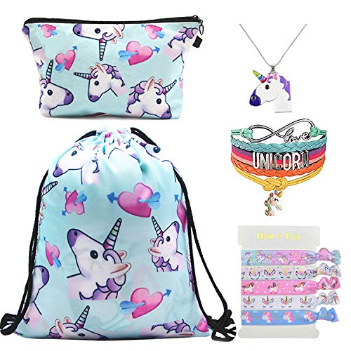 Dreshow 5 Pezzi Unicorno Regali Per Ragazze Zaino Unicorno Con Coulisseborsa Per Truccocollanabraccialeelastici Per Capelli 0
