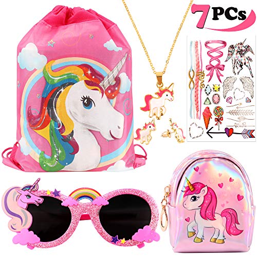 Vamei 7pcs Borsa Unicorno Bambina Zaino Unicorno Regali Per Ragazze Collana Unicorno Occhiali Orecchini Tatuaggi Temporanei Bambini 0