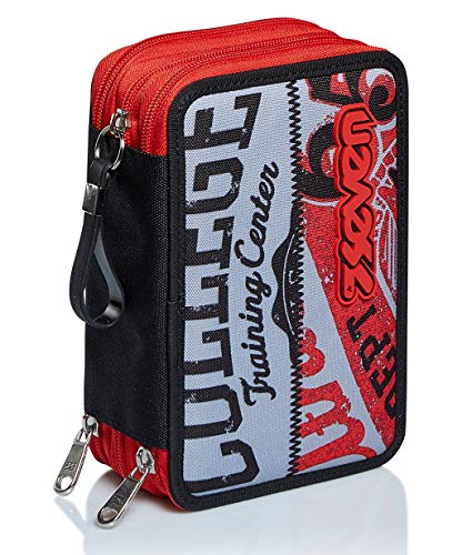 Astuccio 3 Scomparti Seven Bright College Rosso Completo Di Matite Penne Pennarelli 0