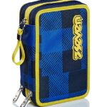 Astuccio 3 Scomparti Seven Check Blu Completo Di Matite Penne Pennarelli 0
