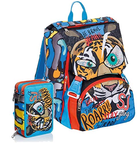 Schoolpack Zaino Scuola Seven Sj Gang Animal Boy Blu Estensibile Astuccio 3 Zip Completo 0