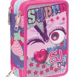 Astuccio 3 Scomparti Sj Gang Facce Da Sj Rosa Completo Di Penne Matite Colorate Pennarelli 0