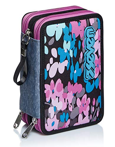 Astuccio 3 Scomparti Seven Fluffy Roses Grigio Completo Di Matite Penne Pennarelli 0