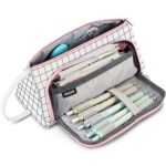 Astuccio Portamatite Grande Capacita Trucco Borsa Portamonete Cartoleria Organizer Con Manico Per Materiale Scolastico E Ufficio Donna Ragazzaplaid Bianco 0