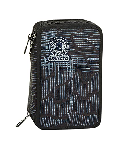 Astuccio 3 Scomparti Invicta Eco Material Streak Nero Completo Di Matite Penne Pennarelli 0