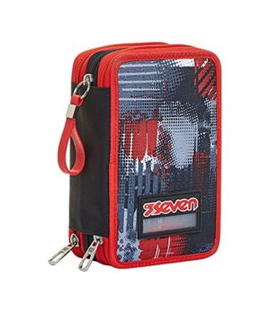 Seven Astuccio 3 Scomparti College World Nero Completo Di Matite Penne Pennarelli 0