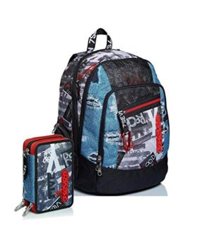 Schoolpack Zaino Scuola Seven Advanced Urban Rock Nero Astuccio 3 Zip Completo 0